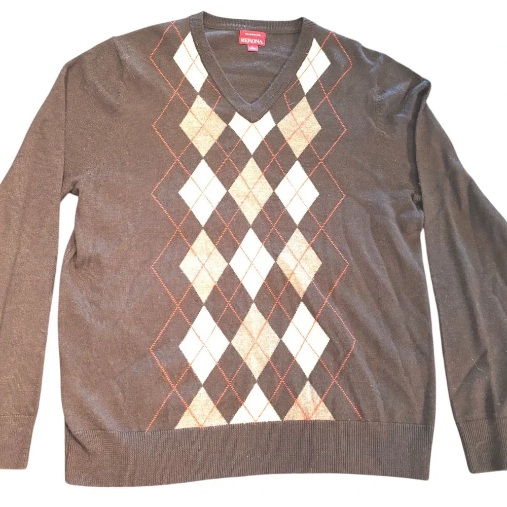 Merona Mens 100% Merino‎ Wool Argyle V-Neck Sweater Brown Large VN1168501